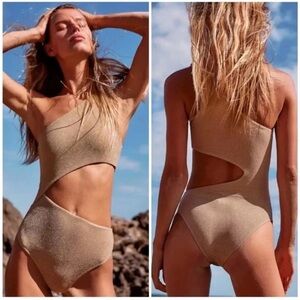 Beach Riot x Free People Celine 1-Shoulder XS Gold Metallic Shimmer 1Pc Swim USA